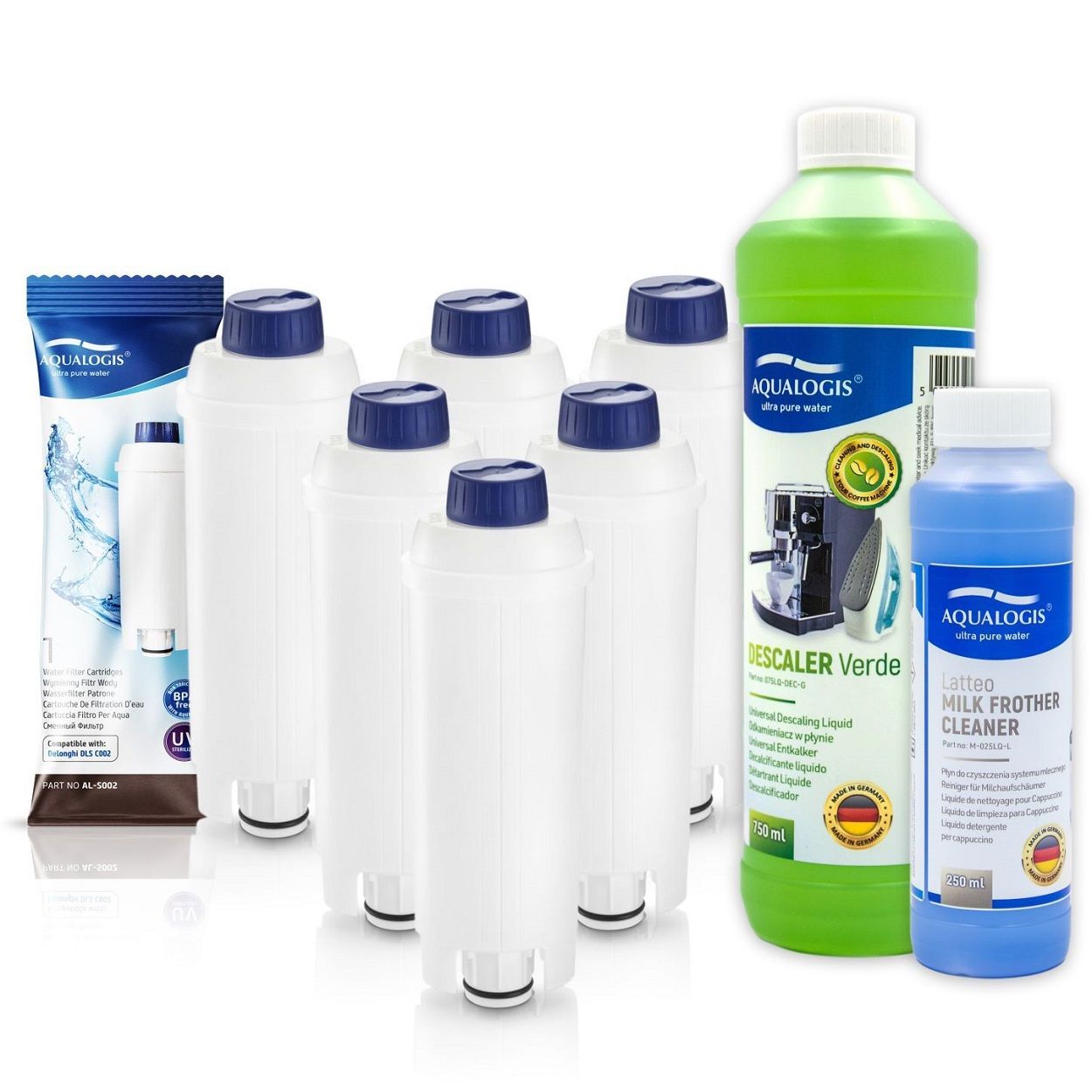 DELONGHI Coffee Machine Set - Aqualogis Filter AL-S002 6 pcs. + Aqualogis Verde descaler 750ml + Aqualogis Latteo Milk System Cleaner 250ml